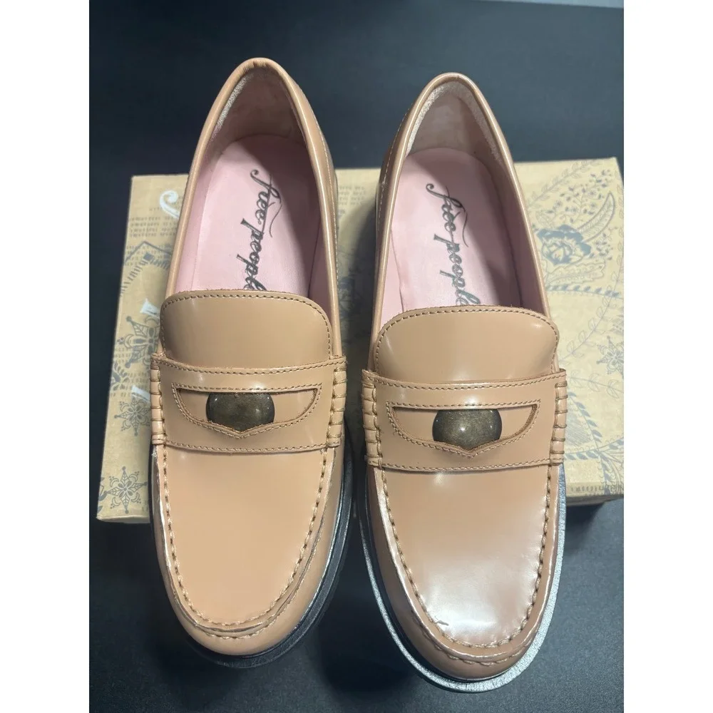Free People‎ New Liv Leather Penny Loafers Camel Size EU37/US6.5